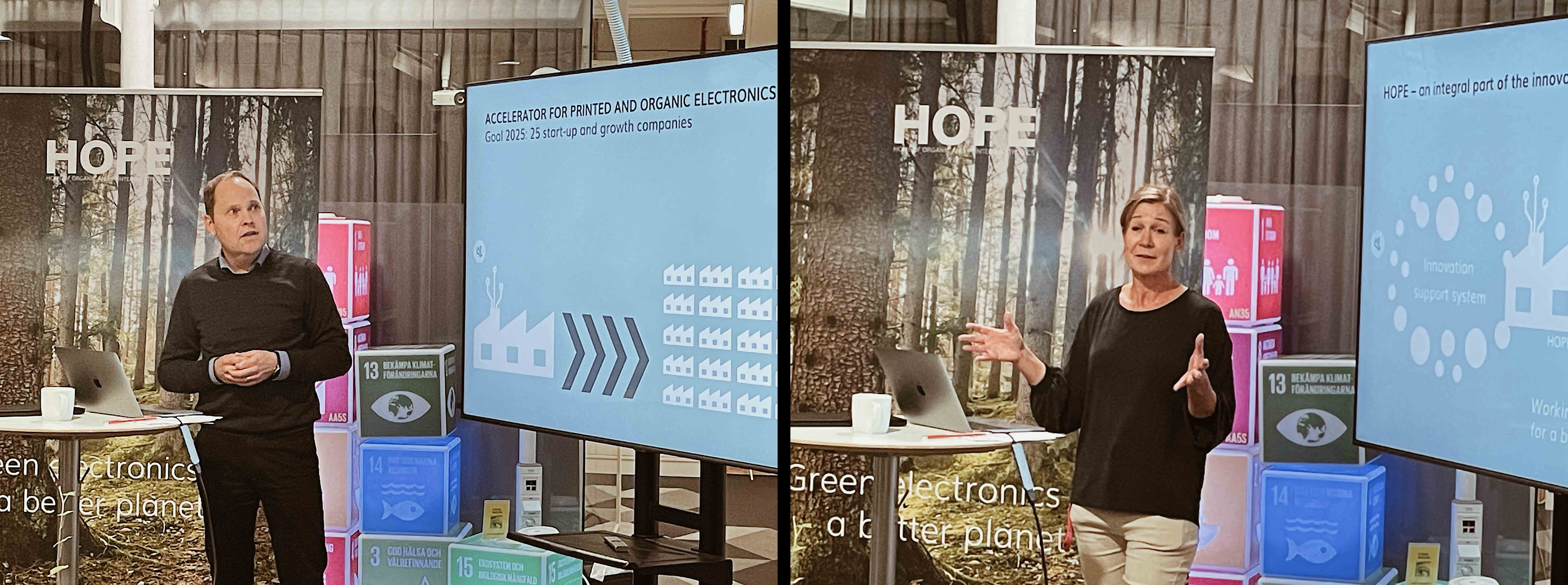 Norrköping Science Parks verksamhetschef Jonas Nilson och projektledaren Eva Eriksson presenterar HOPE för deltagarna.